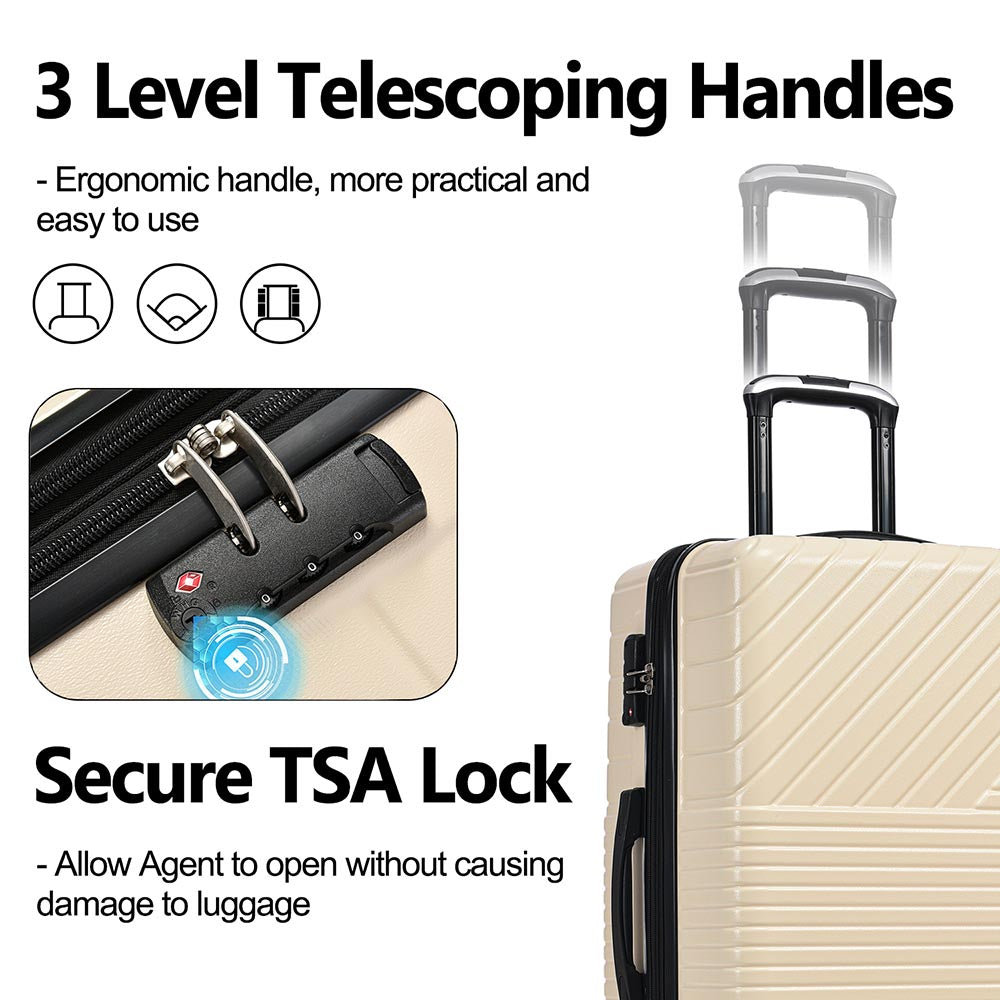 3-Piece Lightweight Hard-shell Luggage Set with Double Spinner Wheels and TSA Lock - Cream White_14