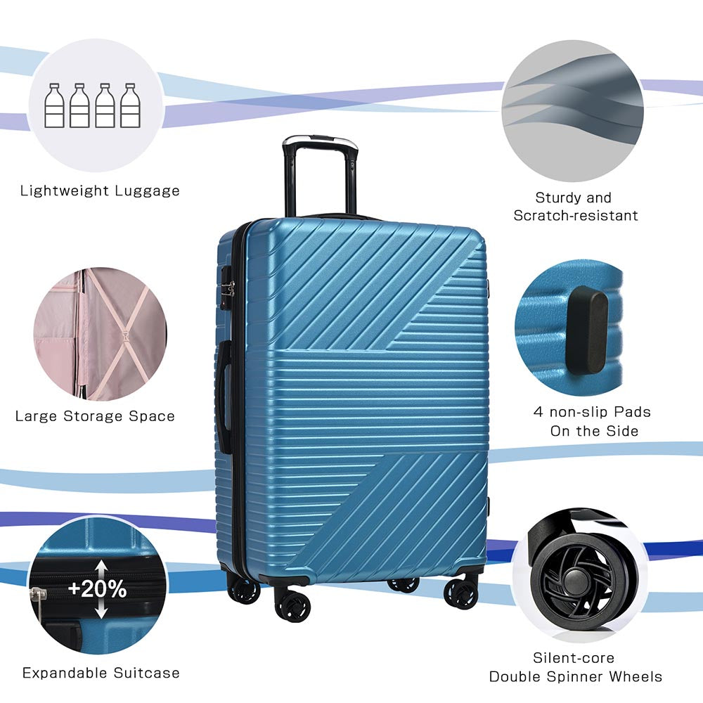 3-Piece Lightweight Hard-shell Luggage Set with Double Spinner Wheels and TSA Lock - Blue_10