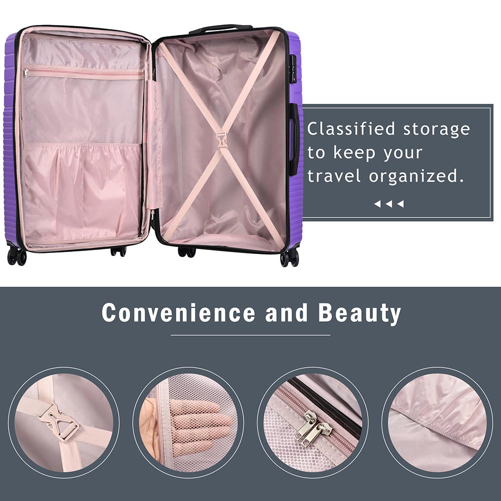 3-Piece Lightweight Hard-shell Luggage Set with Double Spinner Wheels and TSA Lock - Purple_14