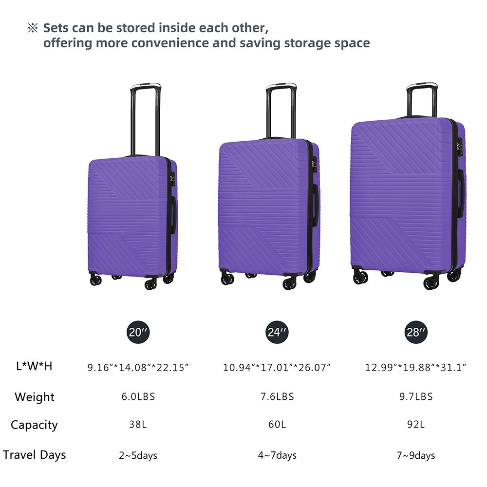 3-Piece Lightweight Hard-shell Luggage Set with Double Spinner Wheels and TSA Lock - Purple_10