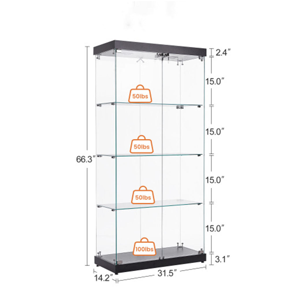 4-Tier Black Glass Display Cabinet with Double Doors & Locks_9