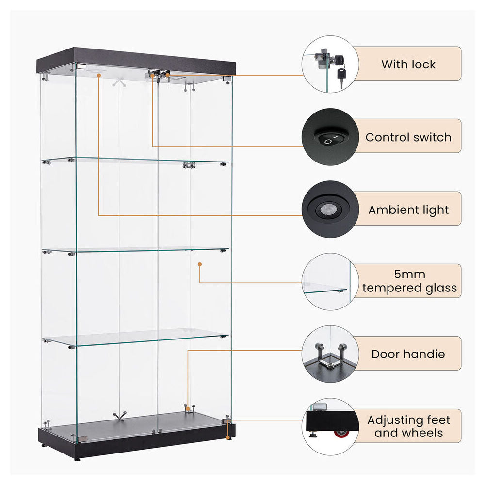 4-Tier Black Glass Display Cabinet with Double Doors & Locks_4