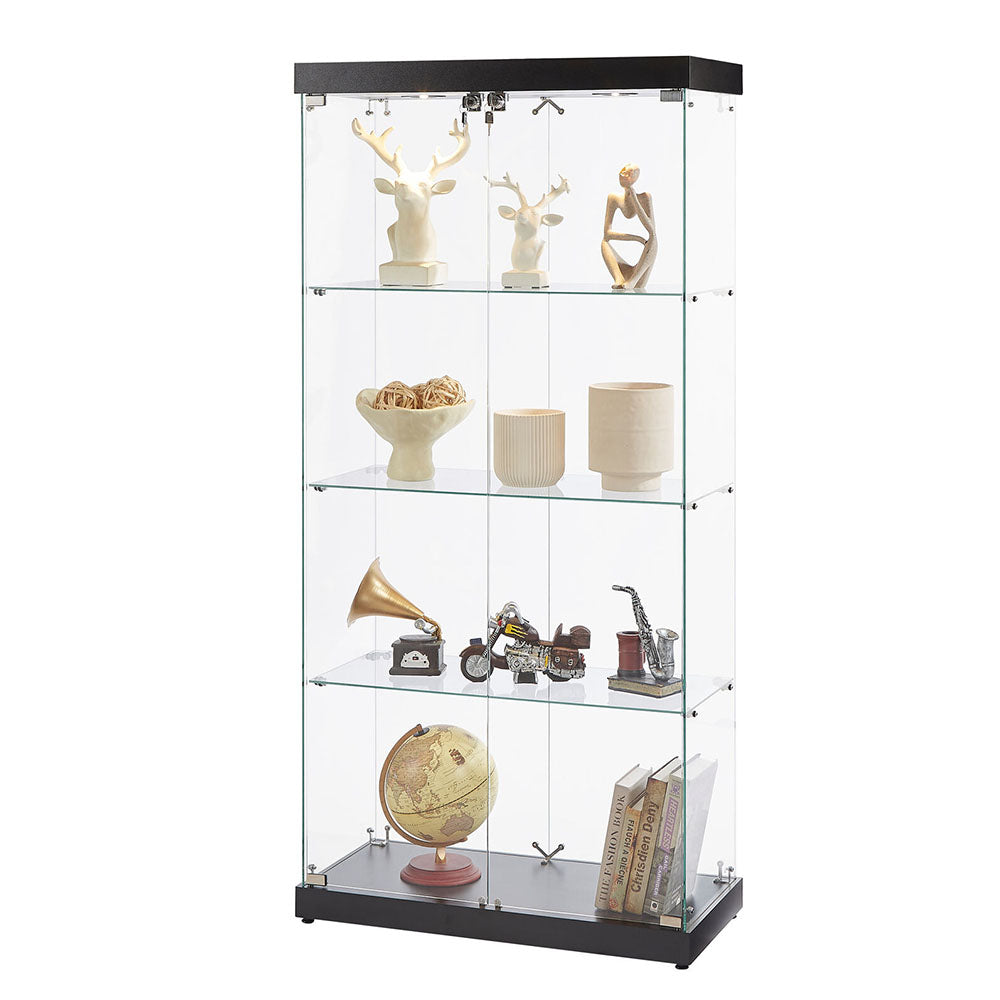 4-Tier Black Glass Display Cabinet with Double Doors & Locks_2