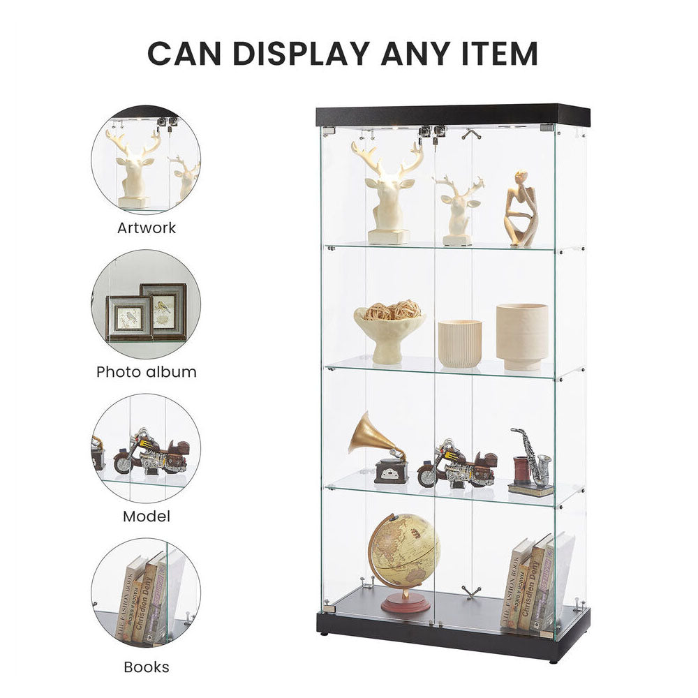 4-Tier Black Glass Display Cabinet with Double Doors & Locks_3