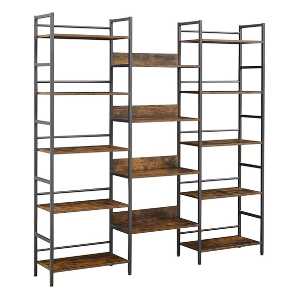 Triple Wide 5-Tier Industrial Bookshelf - Rustic Brown_0