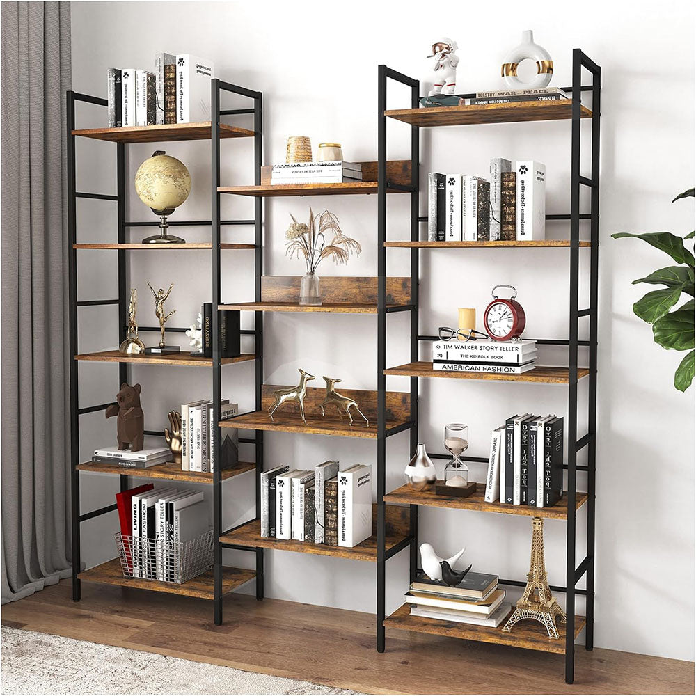 Triple Wide 5-Tier Industrial Bookshelf - Rustic Brown_1