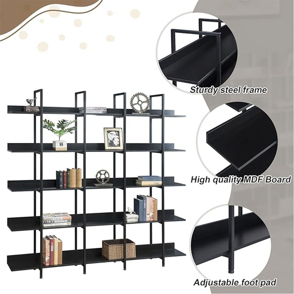 5-Tier Industrial Bookshelf with Metal Frame - Black_2