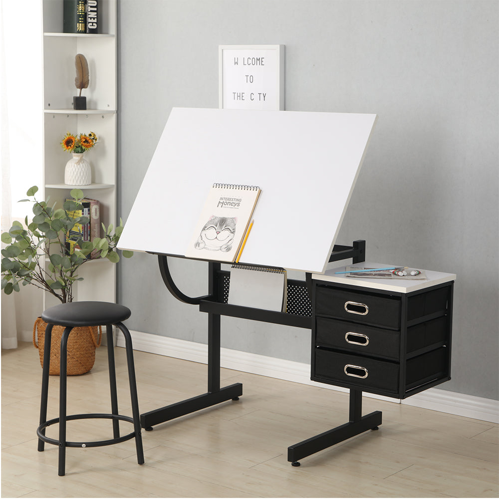 Adjustable Drafting Table with Stool & 3 Drawers - White_1