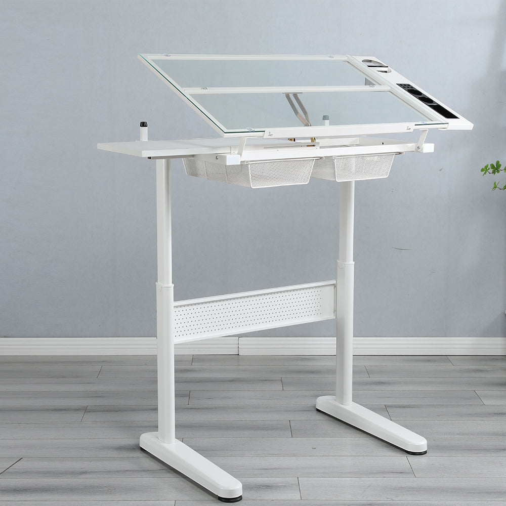 Adjustable Drafting Table with Stool & 2 Metal Drawers - White_2