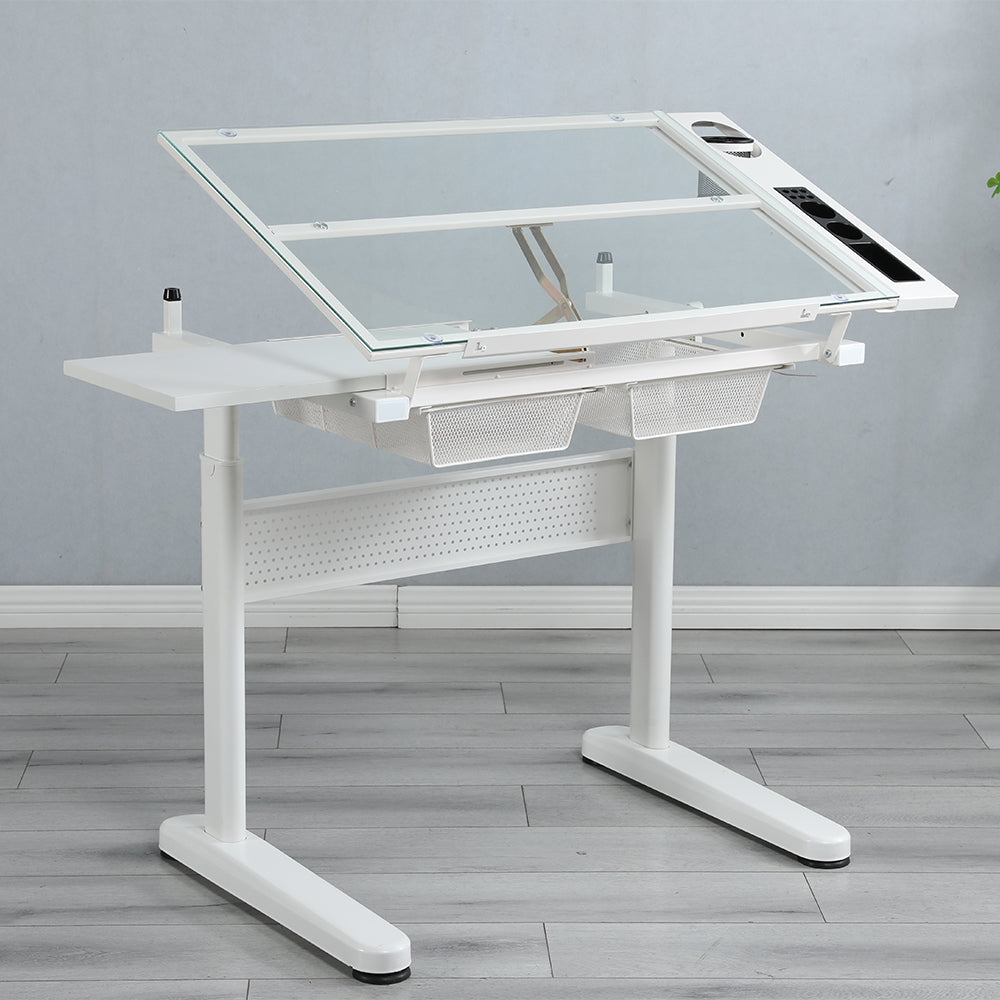 Adjustable Drafting Table with Stool & 2 Metal Drawers - White_1