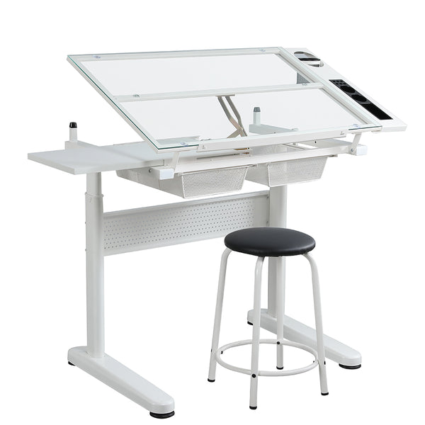 Adjustable Drafting Table with Stool & 2 Metal Drawers - White_0