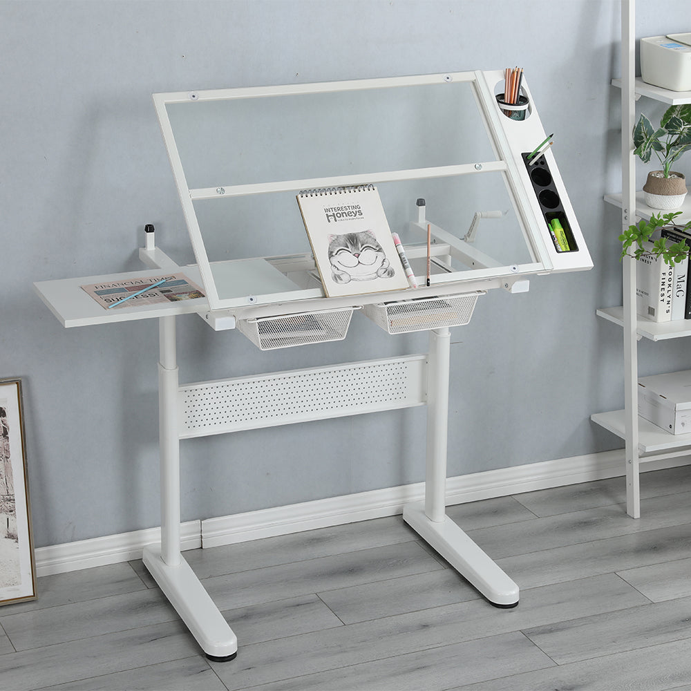 Adjustable Drafting Table with Stool & 2 Metal Drawers - White_11