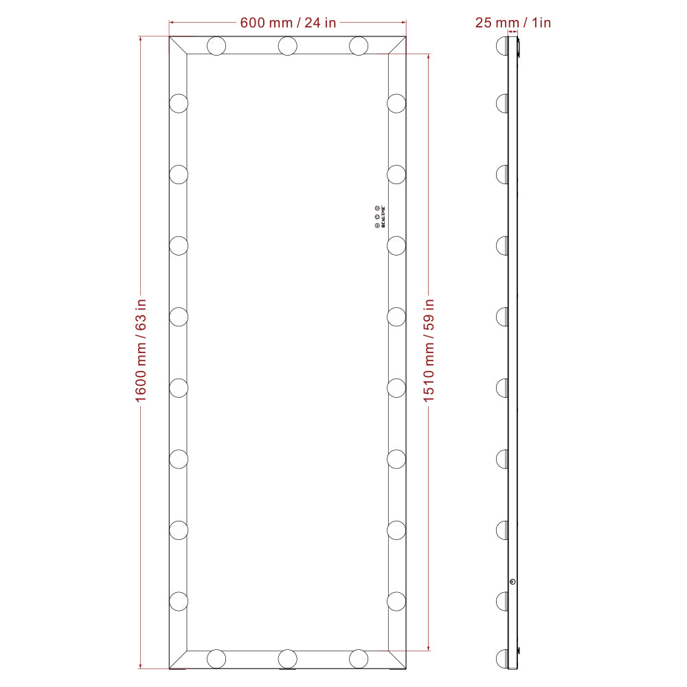 63x24 Inch Hollywood Full-Length Lighted Mirror, 3 Color Modes, Touch Control,  - Black_1