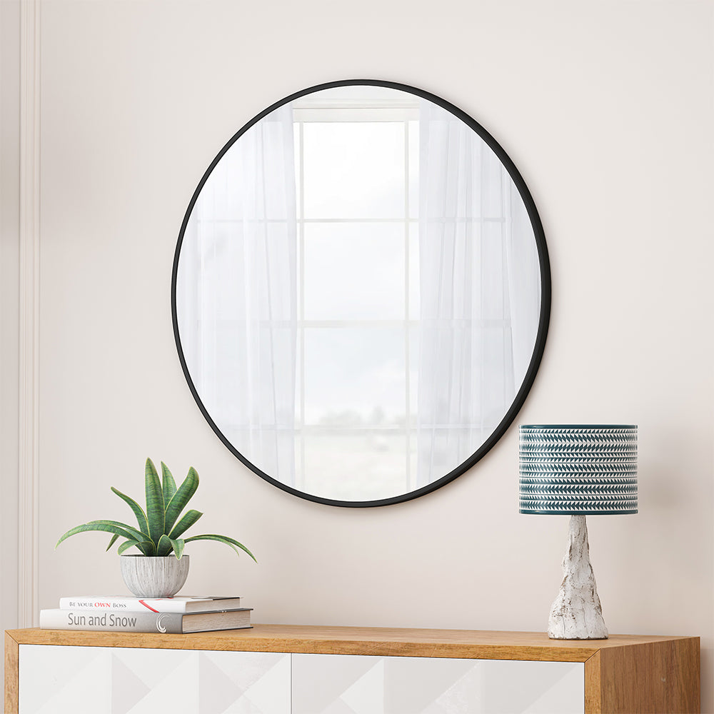 28 Inch Round Metal Frame Wall Mirror - Black_1