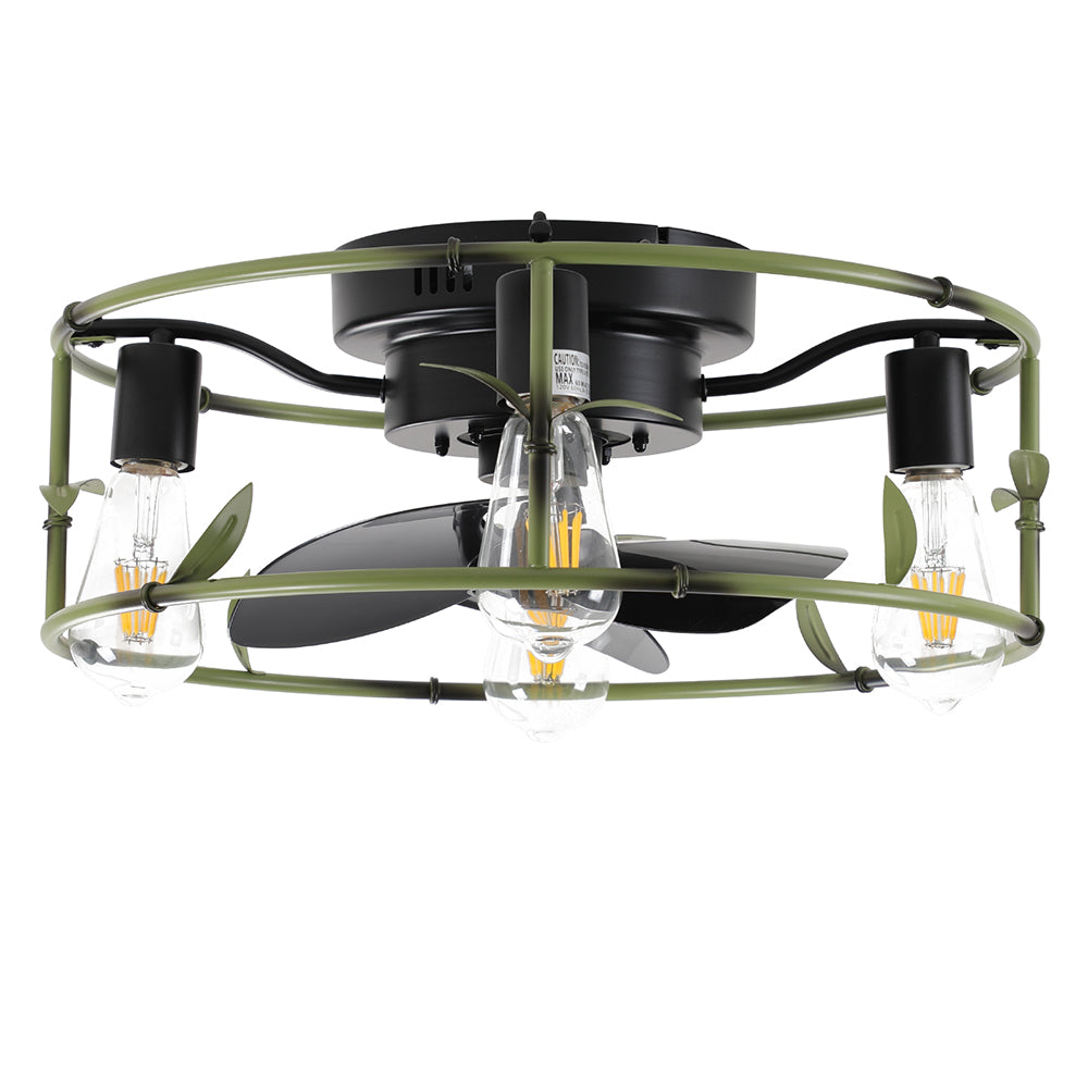 Green Caged Flush Mount Ceiling Fan with Light & Remote_0