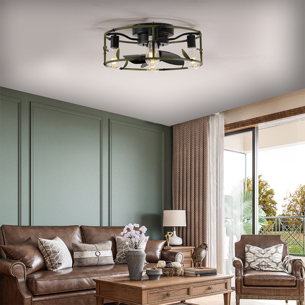 Green Caged Flush Mount Ceiling Fan with Light & Remote_3