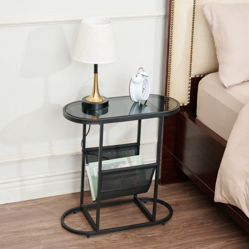 Glass Oval Side Table with Magazine Organizer Living Room Small Space Solution_1