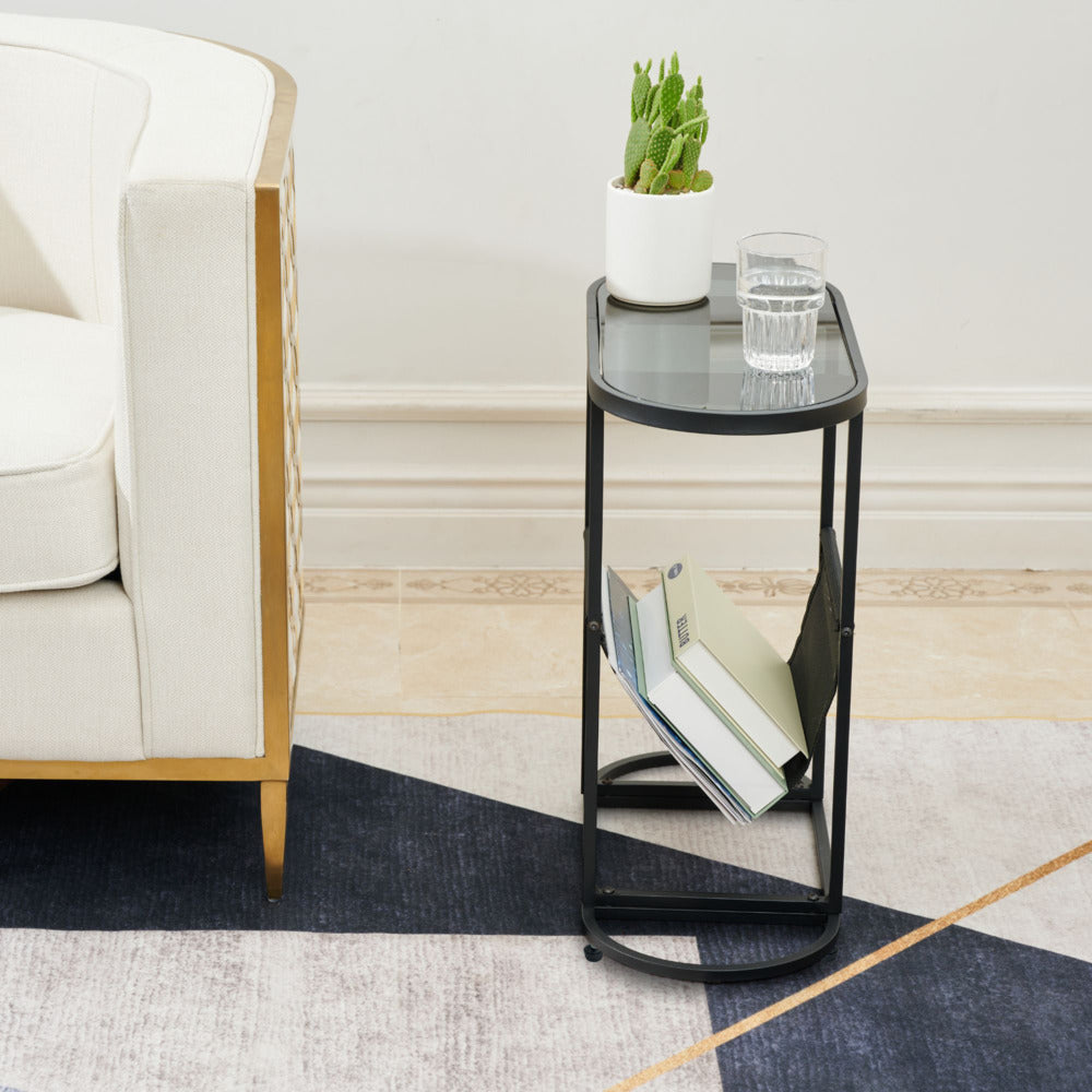 Glass Oval Side Table with Magazine Organizer Living Room Small Space Solution_3