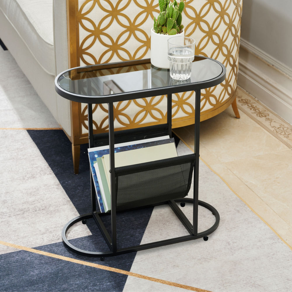 Glass Oval Side Table with Magazine Organizer Living Room Small Space Solution_4