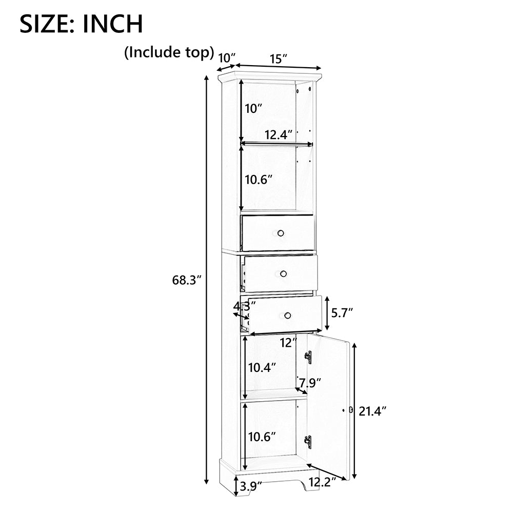 Tall Freestanding Bathroom Cabinet with 3 Drawers & Adjustable Shelf - White_8