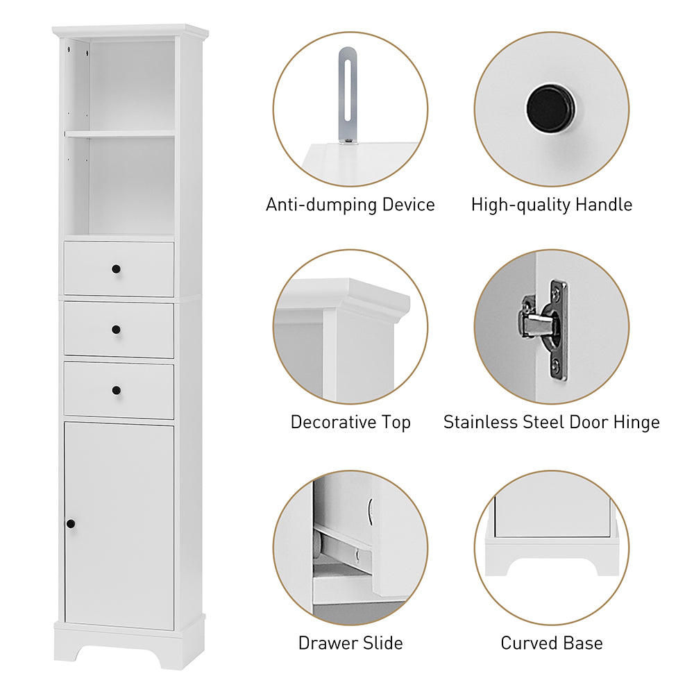 Tall Freestanding Bathroom Cabinet with 3 Drawers & Adjustable Shelf - White_4