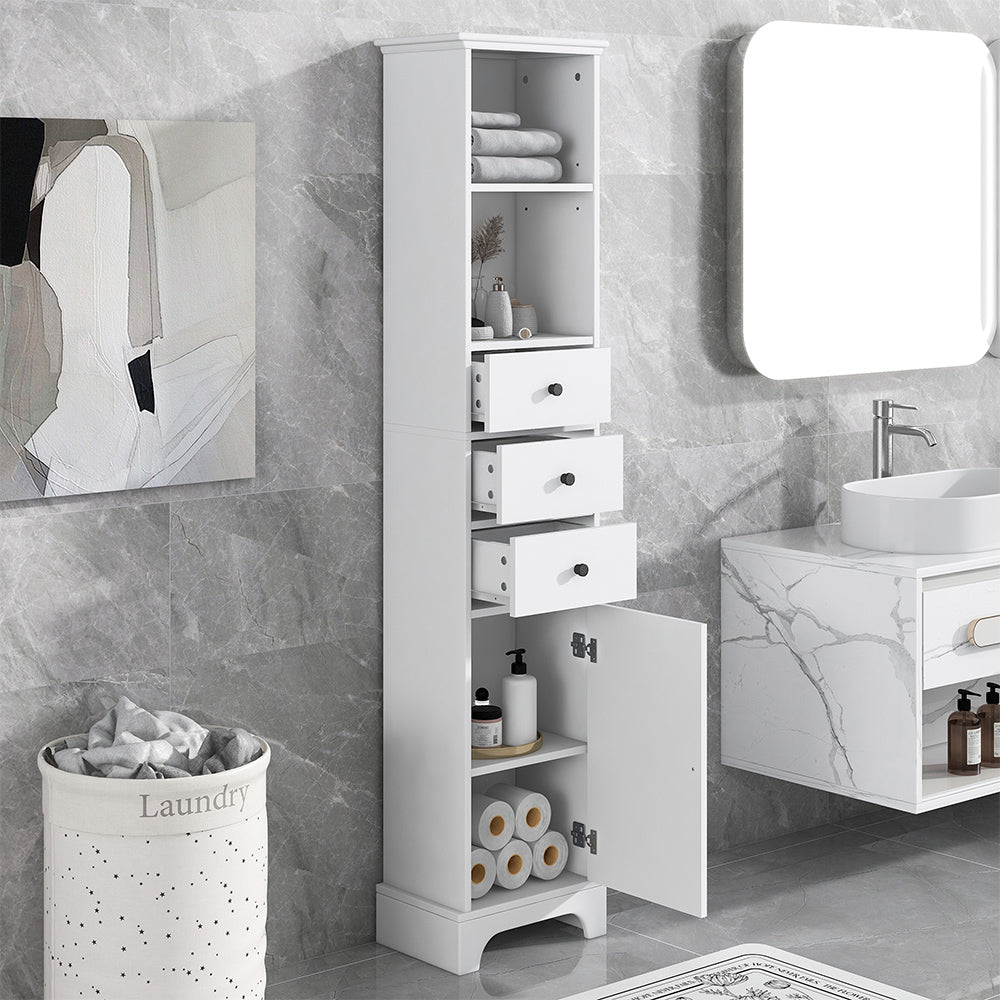 Tall Freestanding Bathroom Cabinet with 3 Drawers & Adjustable Shelf - White_2