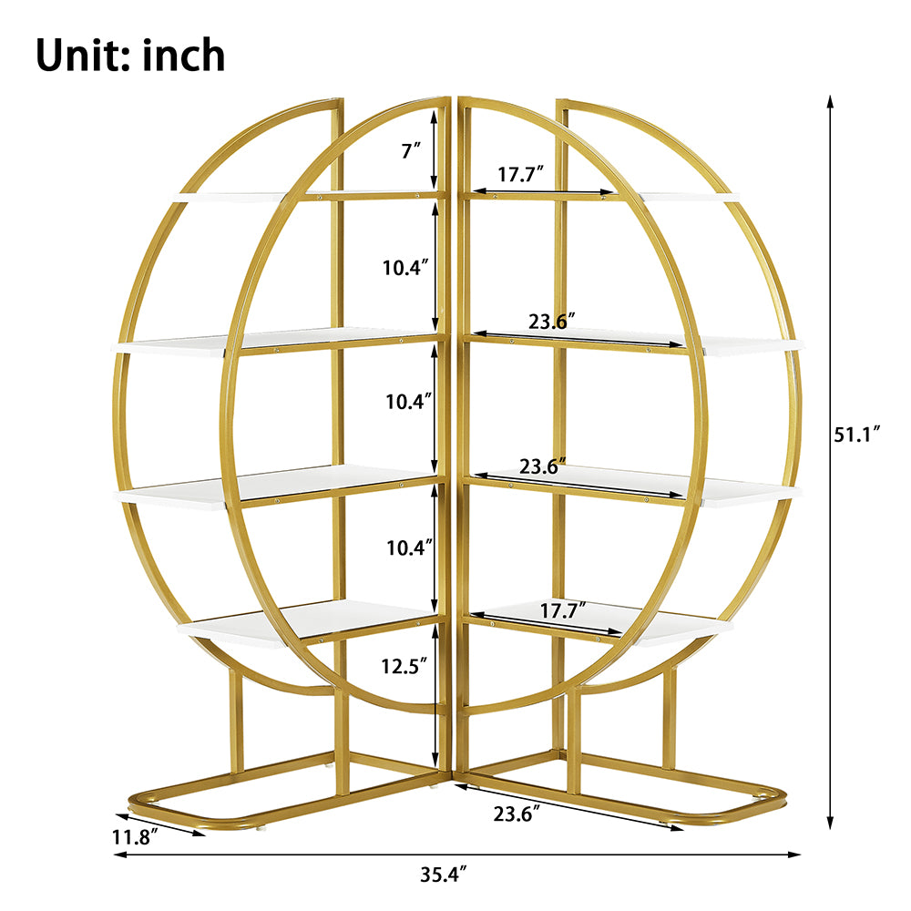 4-Tier Round Open Bookshelf with Gold Metal Frame - White_11