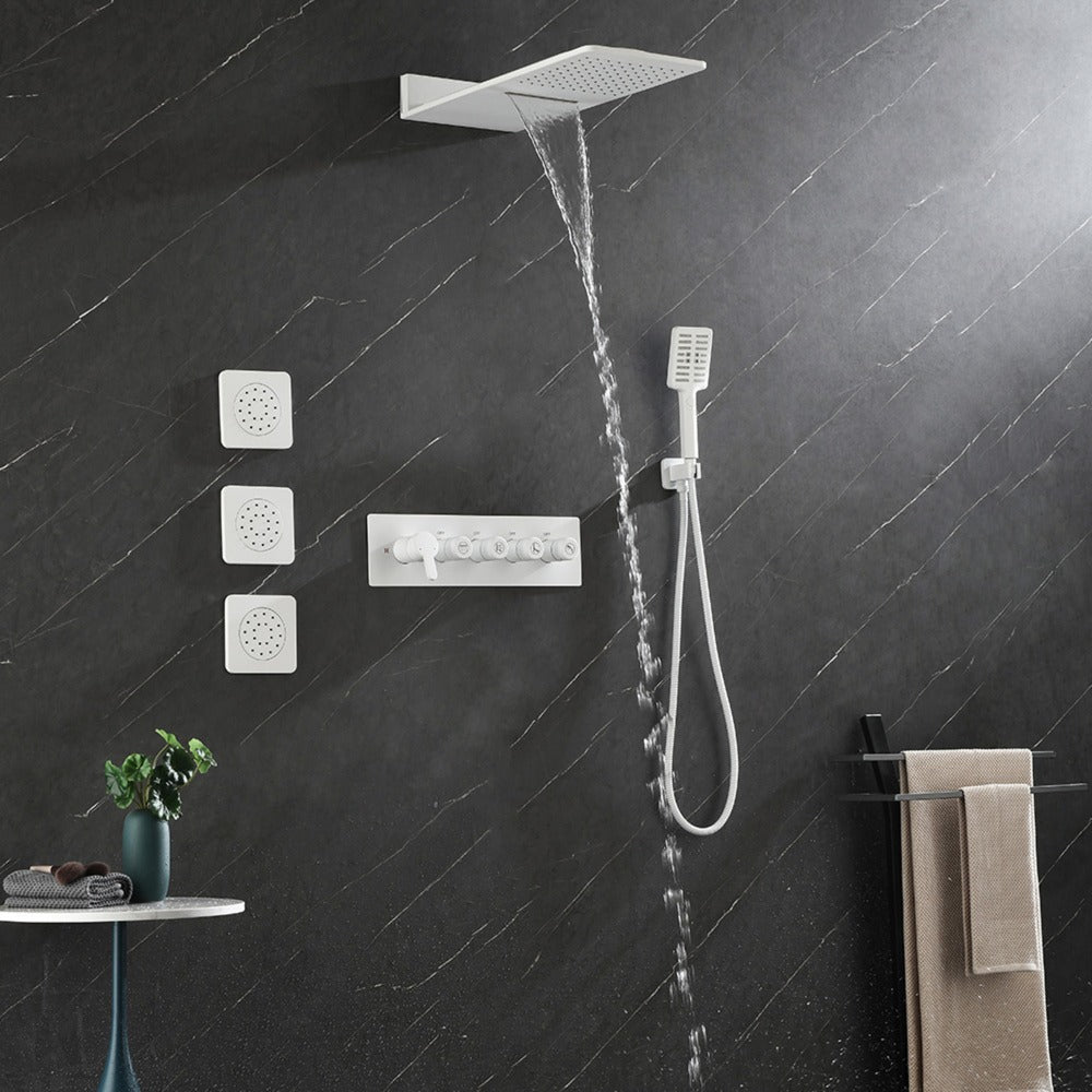 Wall Mounted Waterfall Rain Shower System With 3 Body Sprays & Handheld Shower - White_2