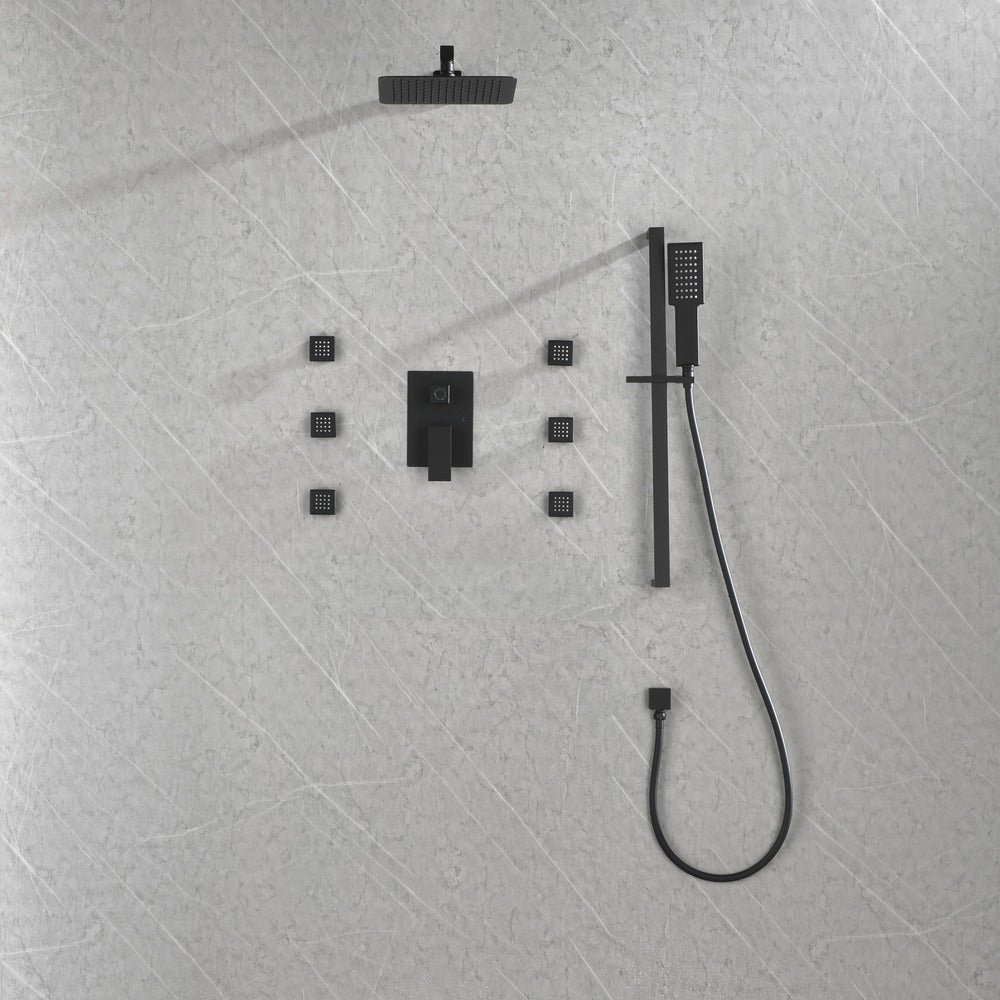 Wall Mounted Waterfall Rain Shower System With 3 Body Sprays & Handheld Shower - Matte Black_2