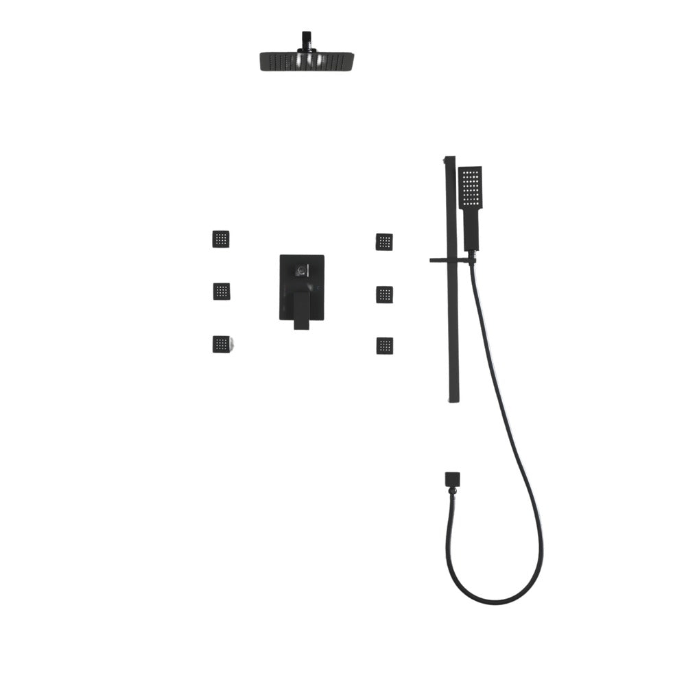 Wall Mounted Waterfall Rain Shower System With 3 Body Sprays & Handheld Shower - Matte Black_0