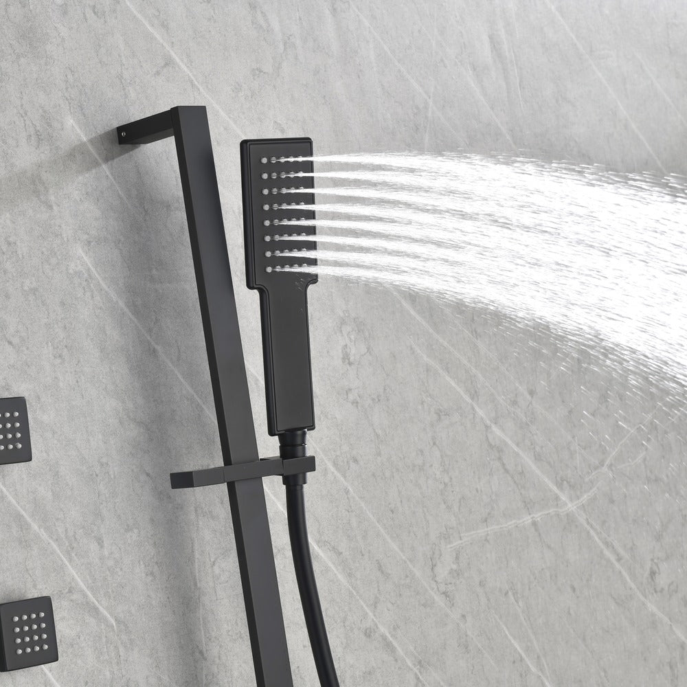 Wall Mounted Waterfall Rain Shower System With 3 Body Sprays & Handheld Shower - Matte Black_4