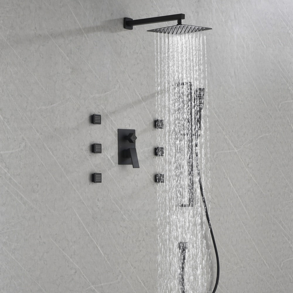 Wall Mounted Waterfall Rain Shower System With 3 Body Sprays & Handheld Shower - Matte Black_5