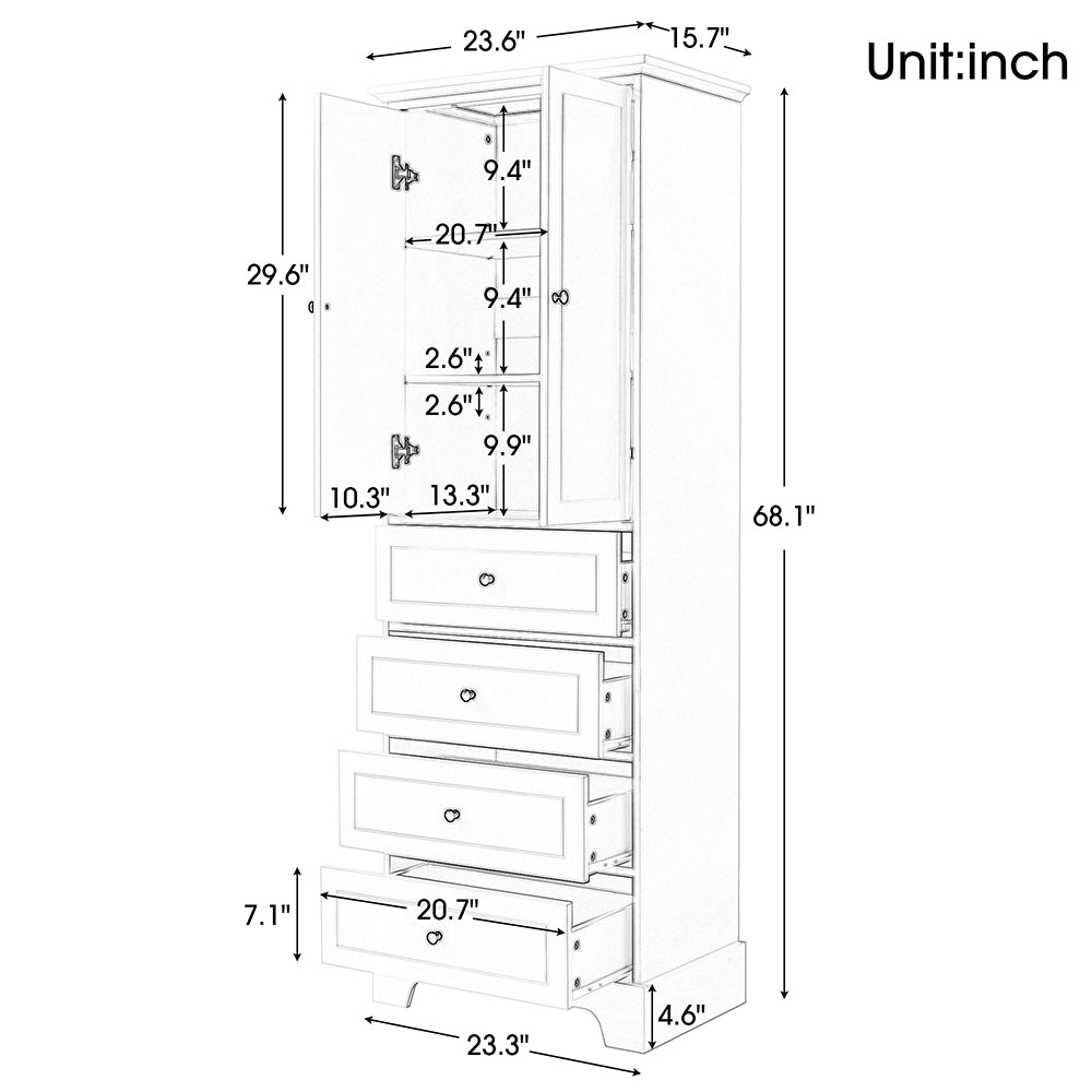 2-Doors & 4-Drawer Cabinet with Adjustable Shelf - White_9