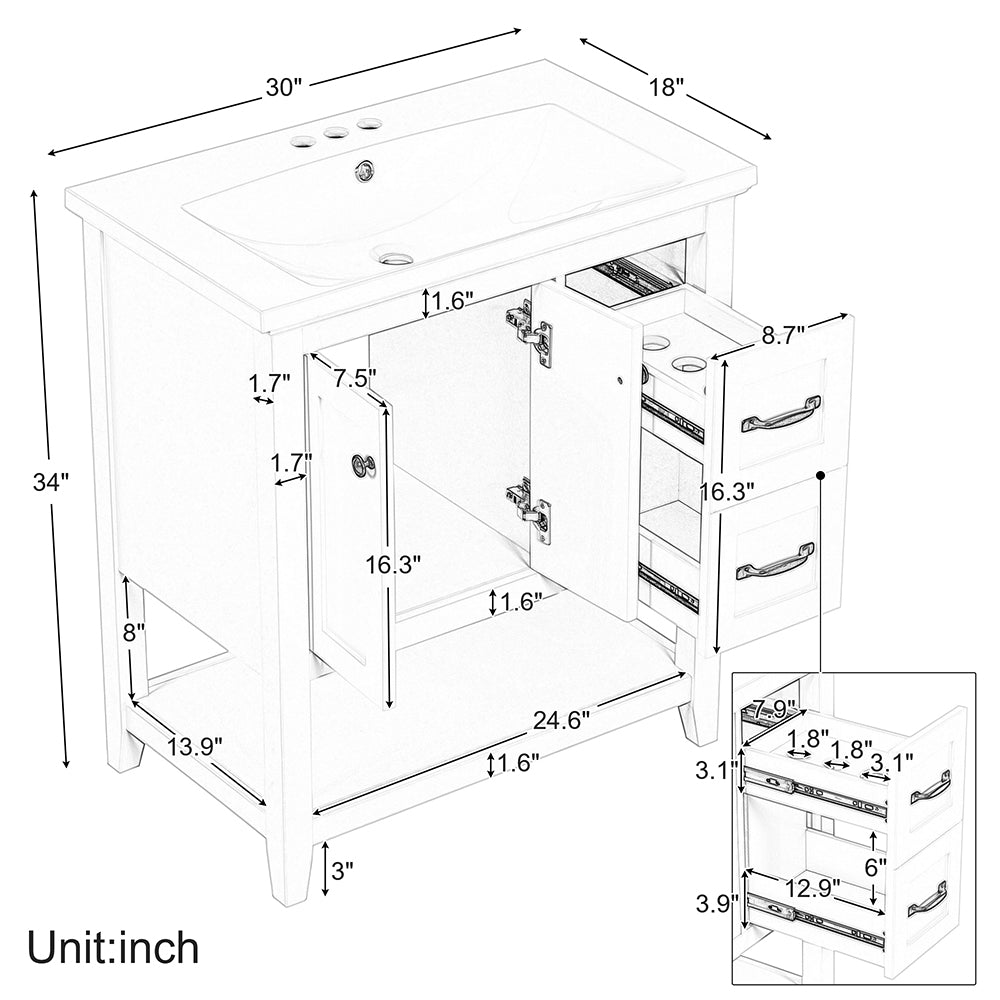 30 Inch Vanity with Ceramic Sink and Multi-Functional Drawer - White_10