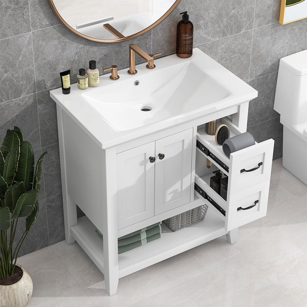 30 Inch Vanity with Ceramic Sink and Multi-Functional Drawer - White_1