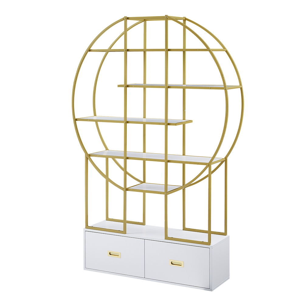 70.8 Inch Round Gold Frame Bookcase with Display Shelf and Two Drawers_7