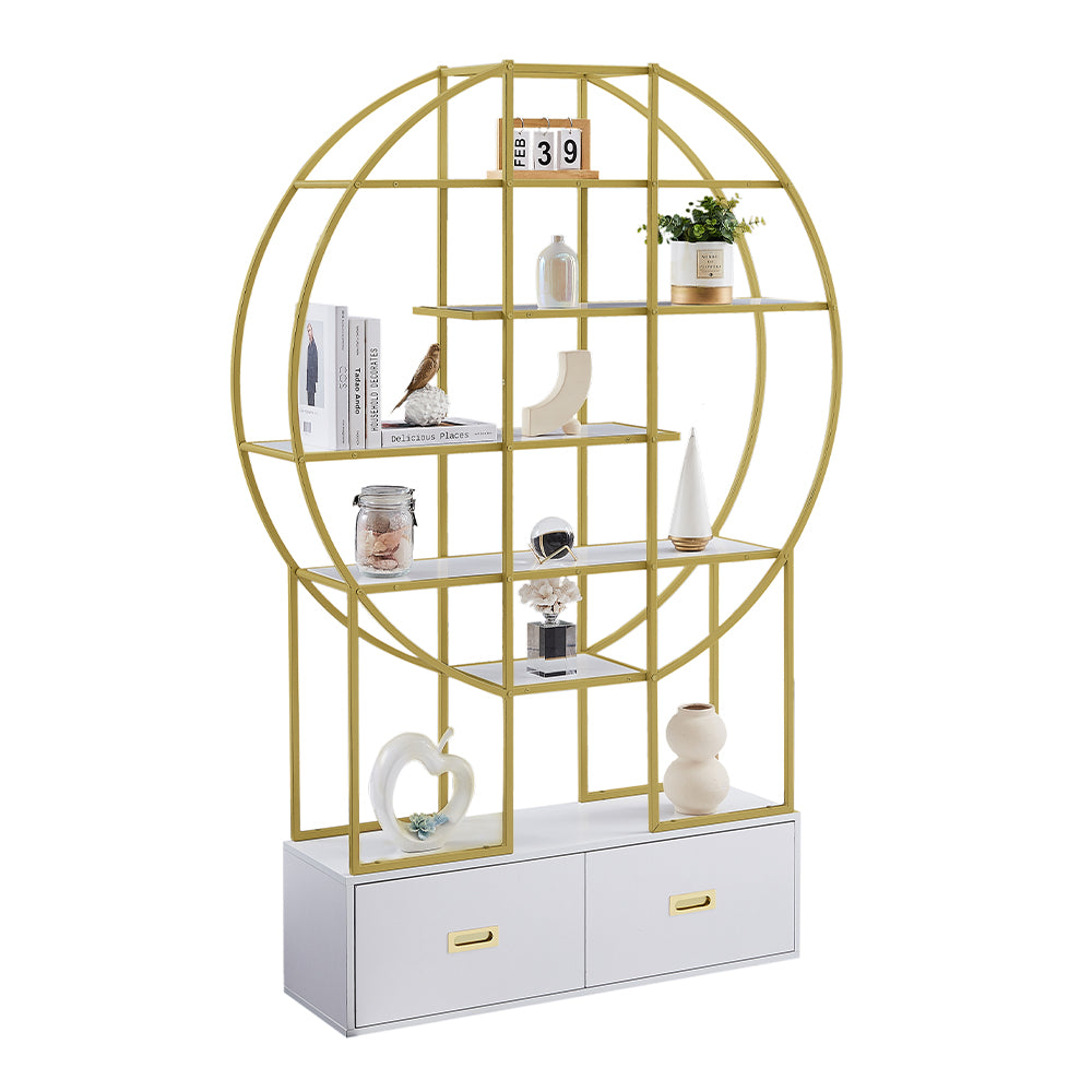 70.8 Inch Round Gold Frame Bookcase with Display Shelf and Two Drawers_5