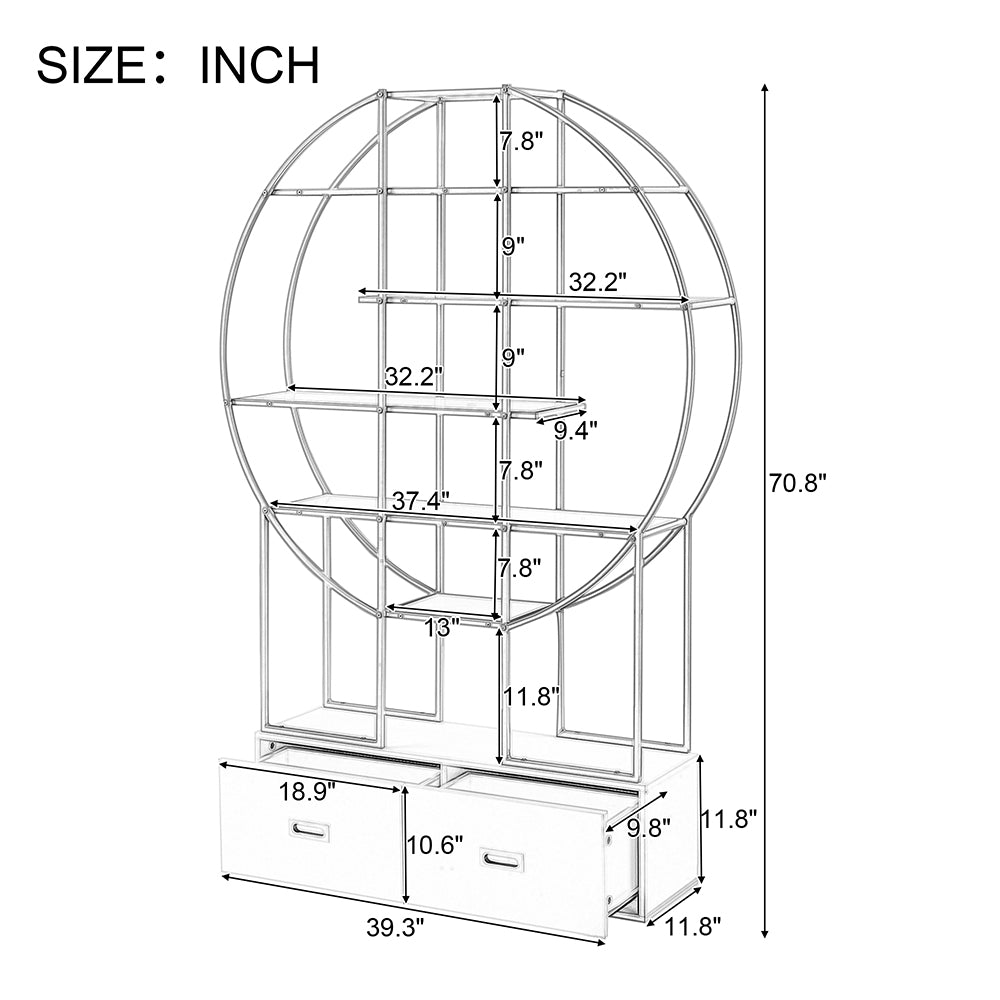 70.8 Inch Round Gold Frame Bookcase with Display Shelf and Two Drawers_8