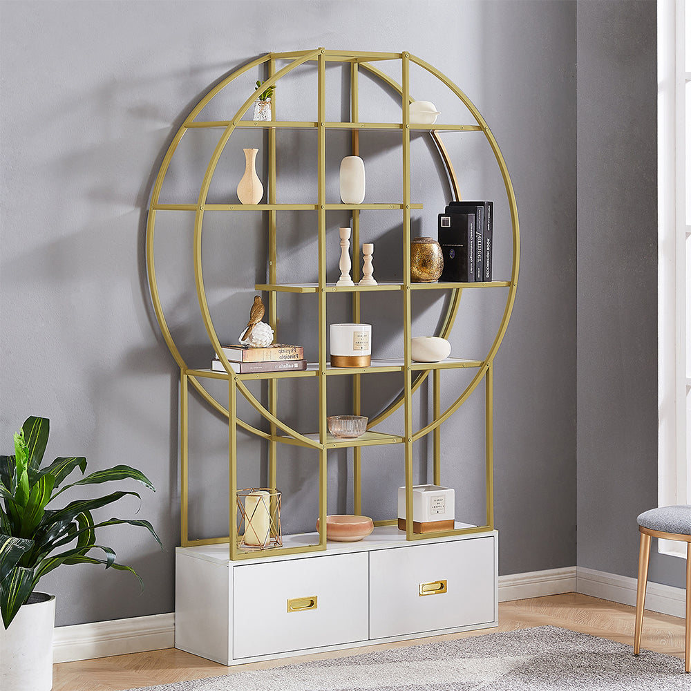 70.8 Inch Round Gold Frame Bookcase with Display Shelf and Two Drawers_2