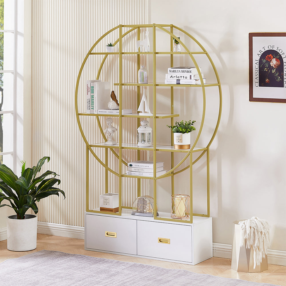 70.8 Inch Round Gold Frame Bookcase with Display Shelf and Two Drawers_1