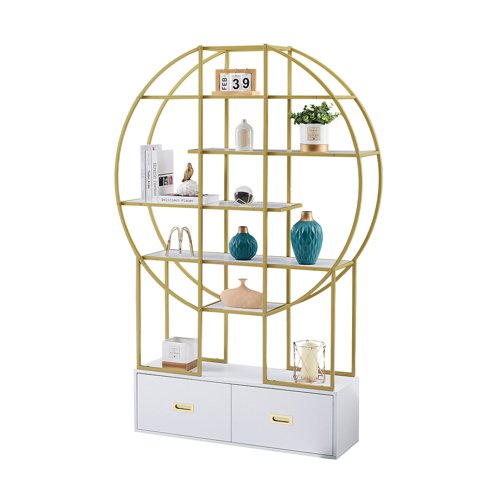 70.8 Inch Round Gold Frame Bookcase with Display Shelf and Two Drawers_3