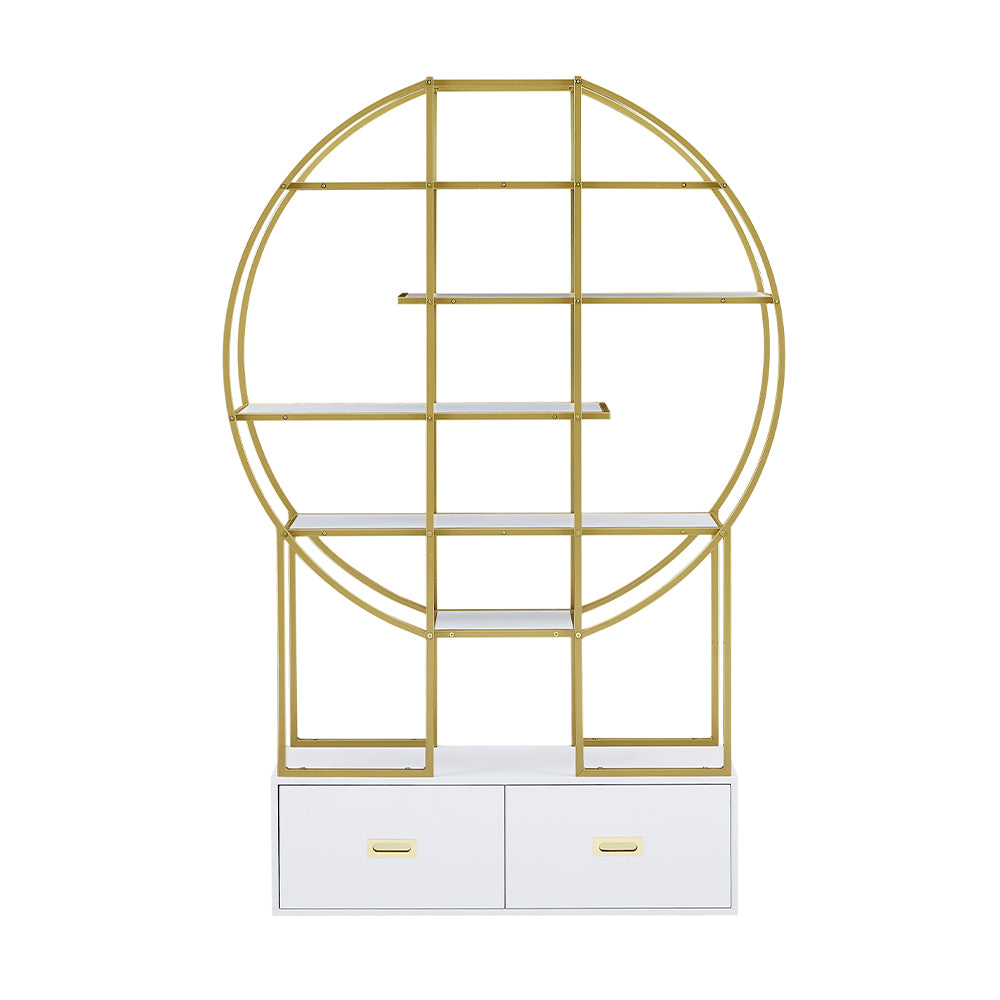 70.8 Inch Round Gold Frame Bookcase with Display Shelf and Two Drawers_0