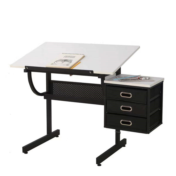 Adjustable Drafting Table with Stool & 3 Drawers - White_0