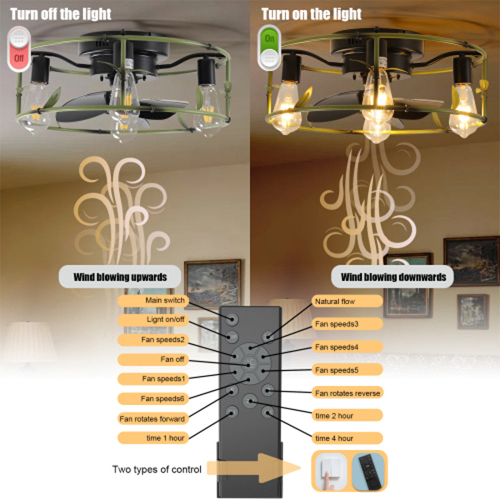 Green Caged Flush Mount Ceiling Fan with Light & Remote_7