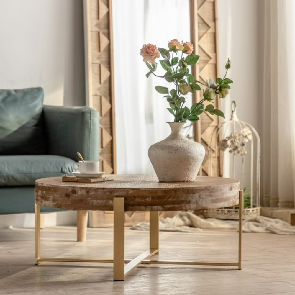 Modern Retro Coffee Table with Fir Wood Top and Gold Cross Legs_1