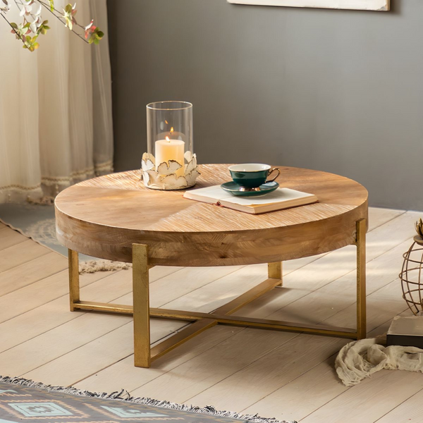 Modern Retro Coffee Table with Fir Wood Top and Gold Cross Legs_0