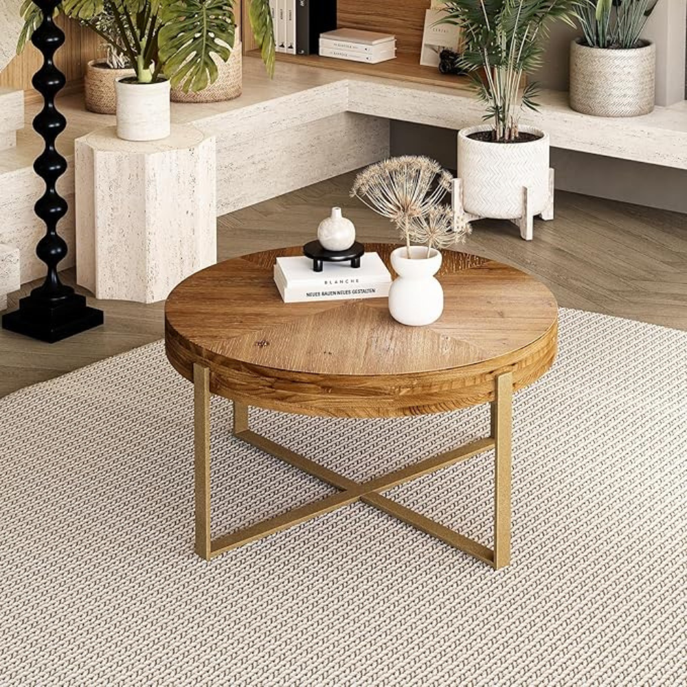 Modern Retro Coffee Table with Fir Wood Top and Gold Cross Legs_3