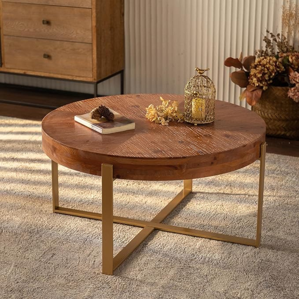 Modern Retro Coffee Table with Fir Wood Top and Gold Cross Legs_4