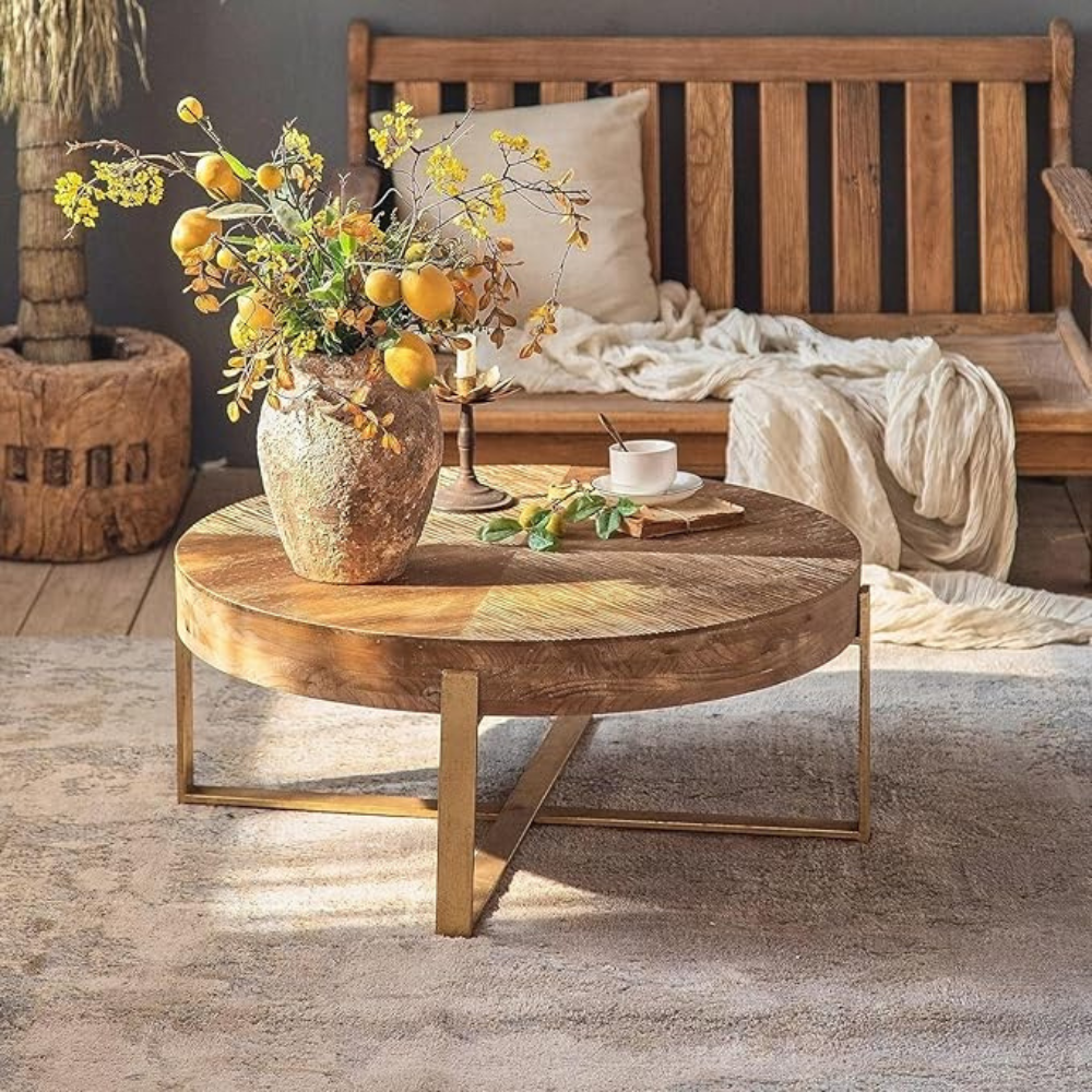 Modern Retro Coffee Table with Fir Wood Top and Gold Cross Legs_5