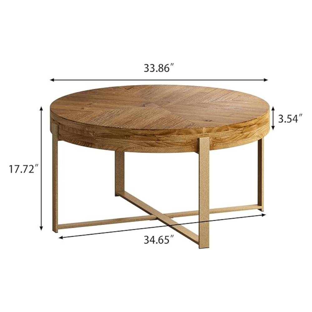 Modern Retro Coffee Table with Fir Wood Top and Gold Cross Legs_7